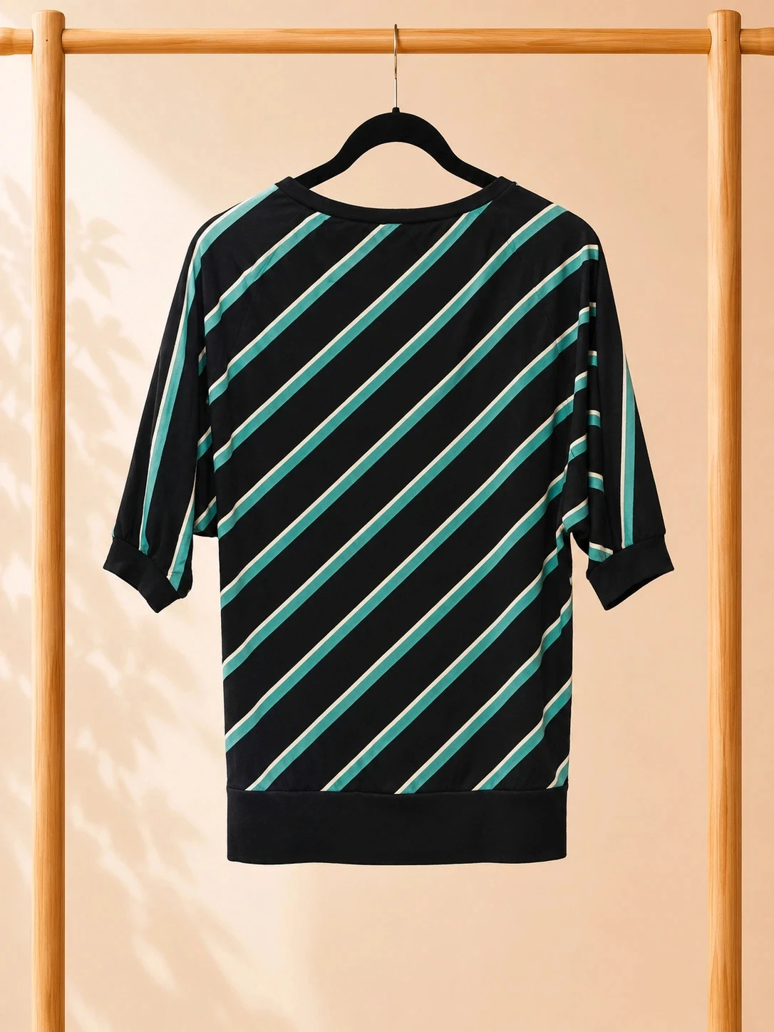 Top vintage negro con rayas turquesa y blancas – Talla 36 – Mangas 3/4 – photo 2